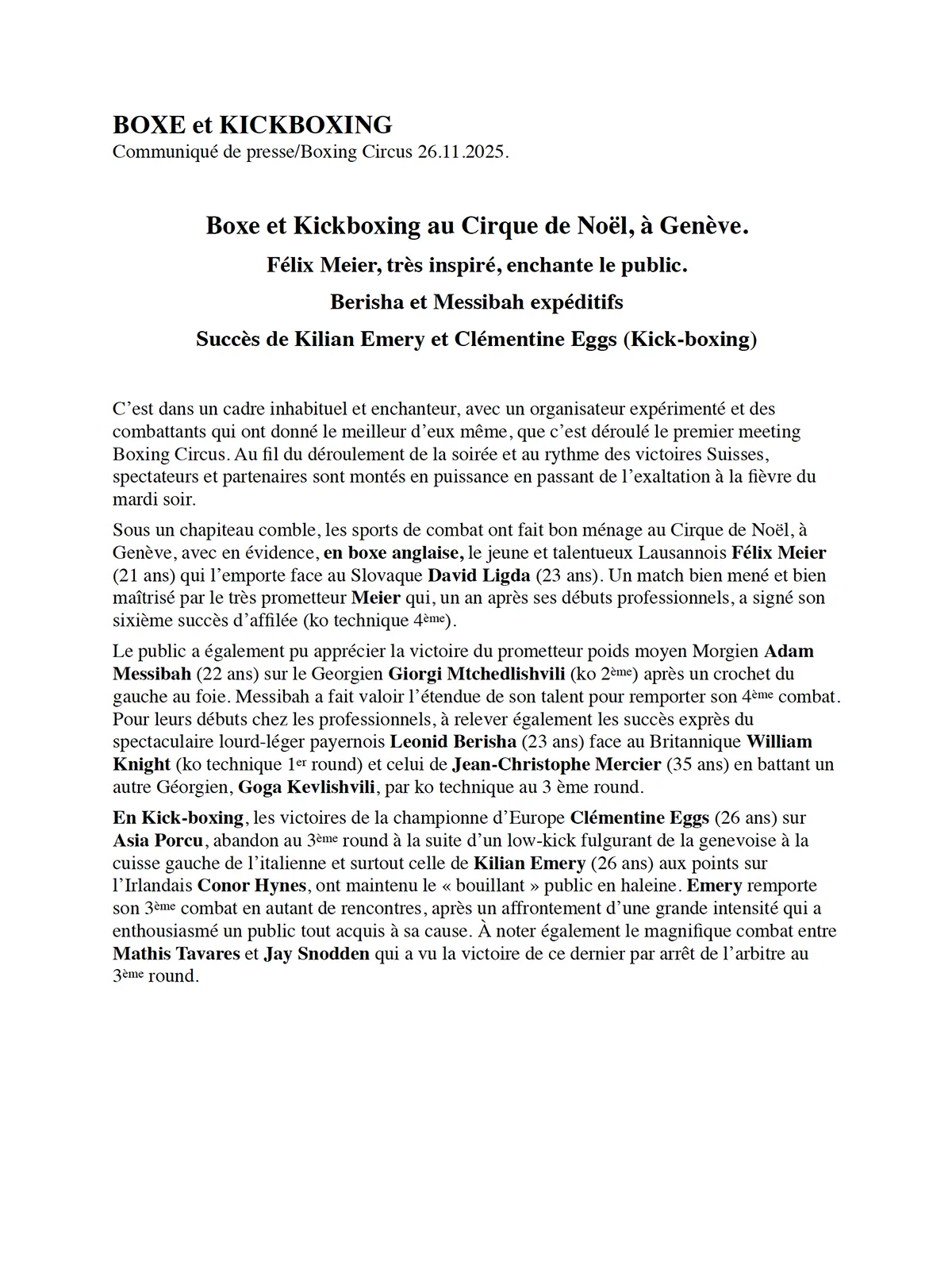 COMMUNIQUÉ DE PRESSE/BOXING CIRCUS